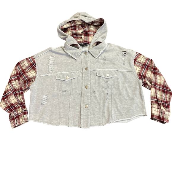 Dance & Marvel Grunge Distressed Ripped Detachable Hoodie Plaid Denim M Gorpcore - Picture 1 of 14